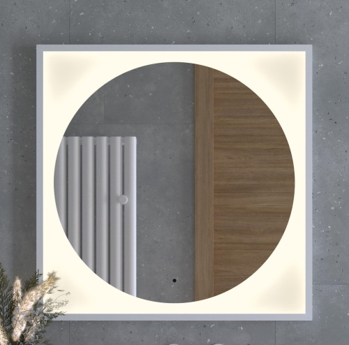 Зеркало DEFESTO ECLIPSE DF 2238R в багетной раме с LED-подсветкой 80x80 см., ИК - выключатель белая рама, 3000 K