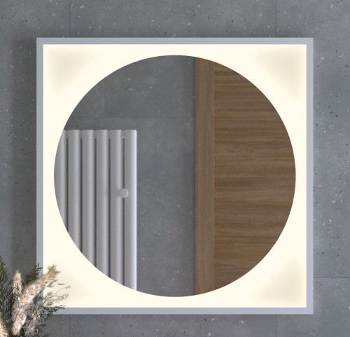 Зеркало DEFESTO ECLIPSE DF 2238 в багетной раме с LED-подсветкой 80x80 см., белая рама, без выключателя, 3000 K