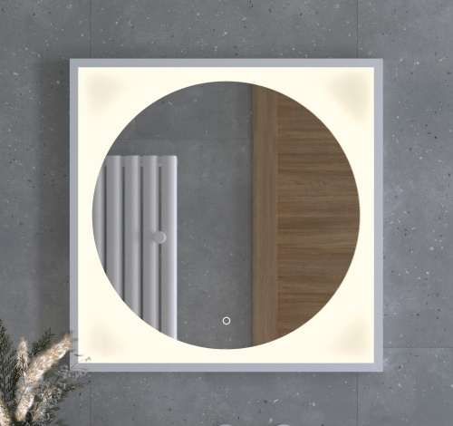 Зеркало DEFESTO ECLIPSE DF 2237S в багетной раме с LED-подсветкой 70x70 см., сенсорный выключатель, белая рама, 3000 K