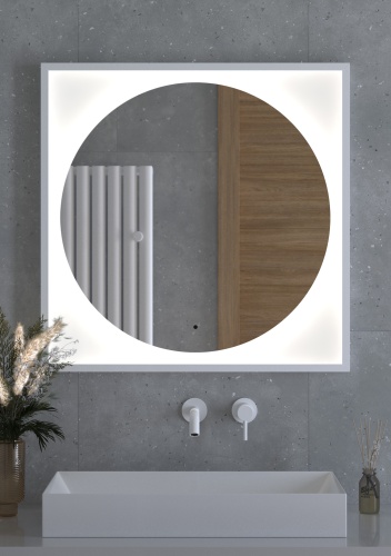 Зеркало DEFESTO ECLIPSE DF 2228R в багетной раме с LED-подсветкой 80x80 см., ИК - выключатель белая рама, 4500 K фото 2