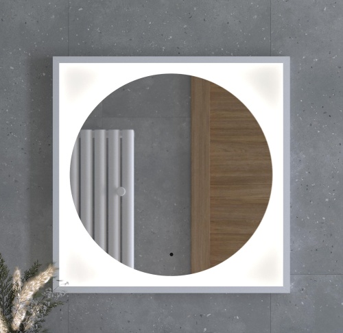 Зеркало DEFESTO ECLIPSE DF 2227R в багетной раме с LED-подсветкой 70x70 см., ИК - выключатель белая рама, 4500 K