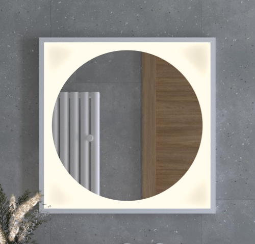 Зеркало DEFESTO ECLIPSE DF 2237 в багетной раме с LED-подсветкой 70x70 см., белая рама, без выключателя, 3000 K