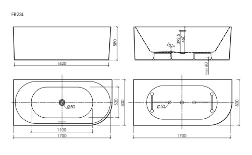 Асимметричная угловая акриловая ванна Sancos Edge FB23L левосторонняя, 170x80 фото 9