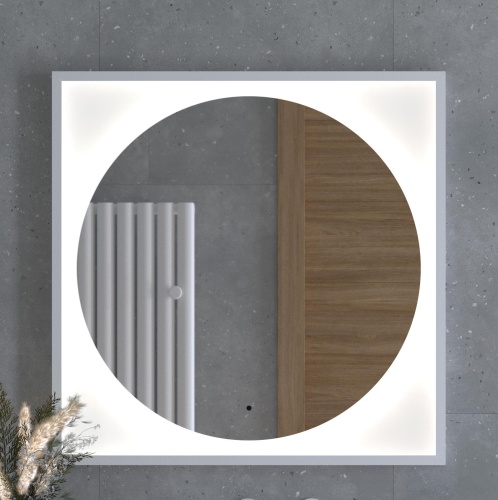 Зеркало DEFESTO ECLIPSE DF 2228R в багетной раме с LED-подсветкой 80x80 см., ИК - выключатель белая рама, 4500 K