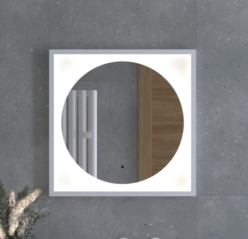 Зеркало DEFESTO ECLIPSE DF 2226R в багетной раме с LED-подсветкой 60x60 см., ИК - выключатель белая рама, 4500 K