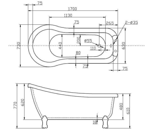 Акриловая ванна BelBagno BB20-1700, 168x72 без опор фото 3